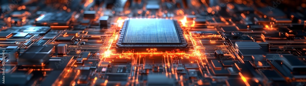 Aufkleber Futuristic Microchip and Circuitry on Glowing Electrical Board for Intelligence and Modern Technology  Abstract digital background with electronics mainboard and computer hardware components