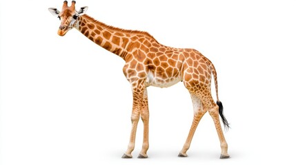 Fototapeta premium A young giraffe stands on a white background. The giraffe's coat is a light brown with distinctive dark brown patches. The animal is in profile view