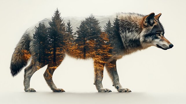 Captivating double exposure of a majestic wolf with a serene landscape, blending animal and nature in stunning detail. No background 