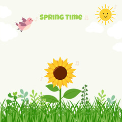 Yellow sunflowers in full bloom and lush green grass in spring. All layered and grouped. Vector.