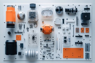Detailed Layout of Various Camera Components and Accessories on White Background