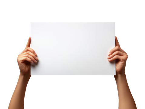 Two hands display a blank white sheet of paper against a transparent background