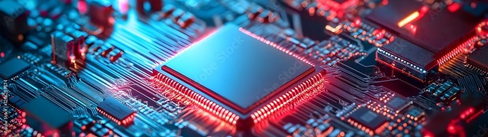 Poster Futuristic microchip and electronic circuit board with glowing red and blue neon lights  High tech digital technology computer hardware and engineering innovation concept background