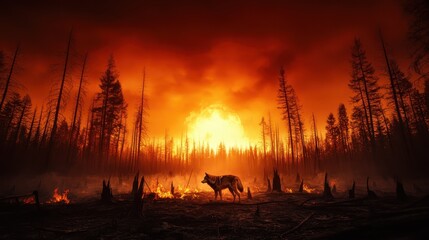 A solitary wolf stands against a dramatic backdrop of a fiery sunset, surrounded by charred trees, capturing the stark contrast between beauty and destruction.
