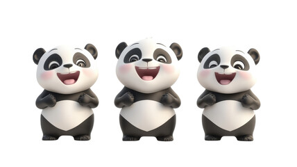 Obraz premium Three cheerful cartoon pandas smiling and standing side by side in a playful display of cuteness and friendship