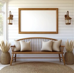 Light beige pillows on a wooden bench against a white shiplap wall, flanked by lanterns and pampas grass in woven baskets. A large, empty wooden