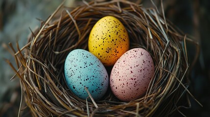 Three delicately colored eggs nestled securely in a cozy nest