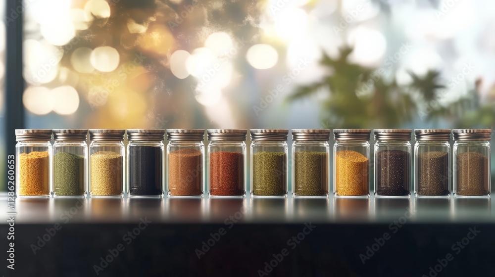 Poster a collection of spice jars arranged in a row with a blurred background,