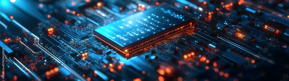 Aufkleber Futuristic microchip circuit board with glowing neon lights and digital technology background  Abstract 3D rendering of a complex electronic system