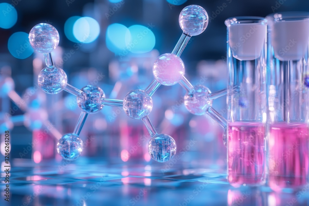 Poster scientific experiment showcases molecular structure with colorful liquids in laboratory setting