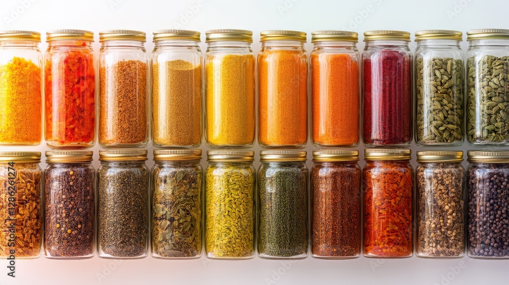 Poster a collection of spice jars displayed in a gradient color pattern,