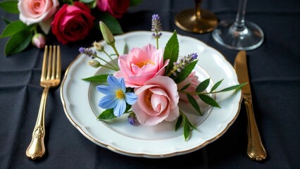Elegant floral centerpiece adorns a pristine dinner plate, set for a refined meal with gold cutlery on a dark tablecloth.