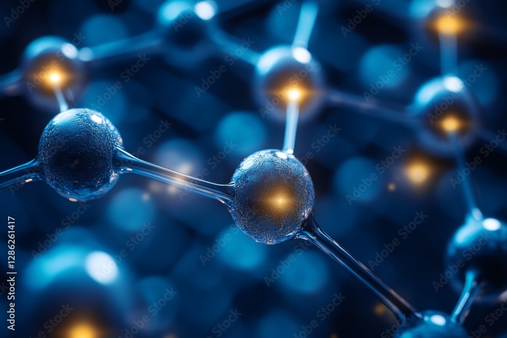 Poster detailed view of an atomic structure with interconnecting molecules and glowing energy points in a s