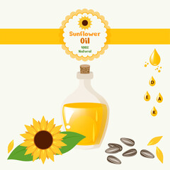 Sunflower oil, sunflower seeds and flowers. Sunflower seed oil in a bottle. All layered and grouped. Vector.