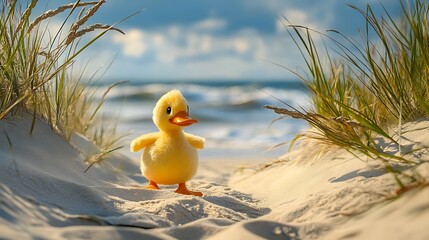 A cuddly stuffed duck walking through the sand dunes on a tropical beach