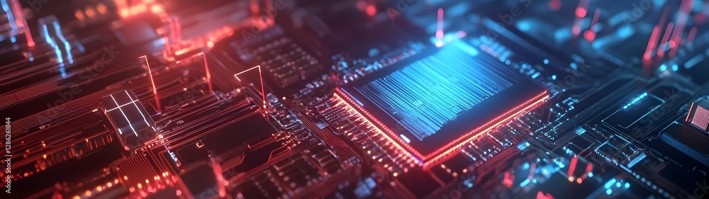 Poster Futuristic microchip technology circuit background with glowing blue and red lights intricate electronic pattern and abstract digital connectivity concept
