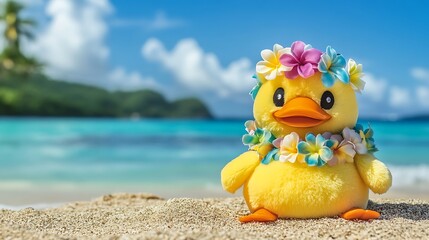 A cuddly stuffed duck wearing a floral lei relaxing on tropical beach