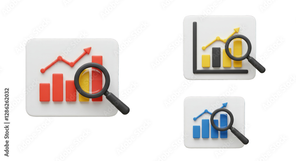 Poster analyzing growth data: 3d rendered charts with magnifying glass for business analytics and market re