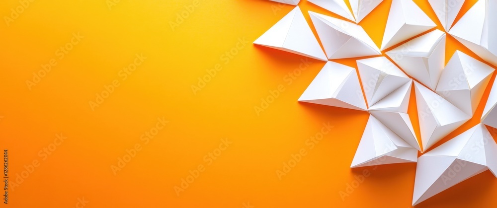 Poster abstract composition of white triangular shapes arranged on a vibrant orange background. geometric p