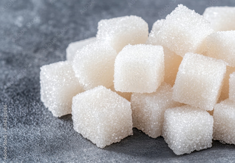 Poster close up view of a pile of white sugar cubes on a gray surface. the texture of the sugar is clearly 