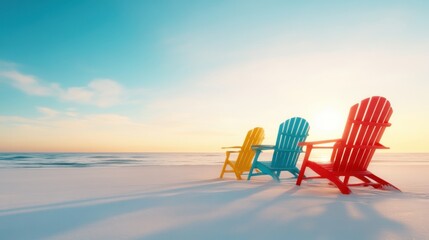 A trio of colorful beach chairs awaits on a pristine shoreline, inviting onlookers to savor the picturesque beauty of the shoreline and carefree summer days.