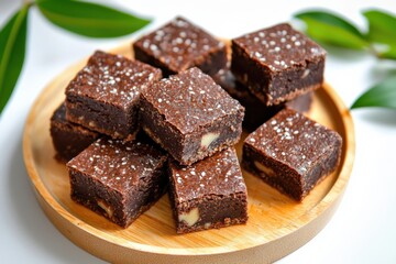 Baking almond flour brownies on a rustic platter warm light topdown shot cozy kitchen environment