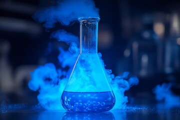 Blue liquid in glass flask emits smoke in laboratory setting during daytime