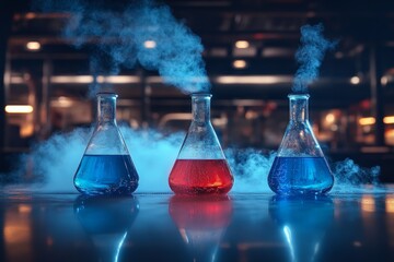 Colorful beakers emit vapor while experimental reactions unfold in a lab setting with dramatic lighting