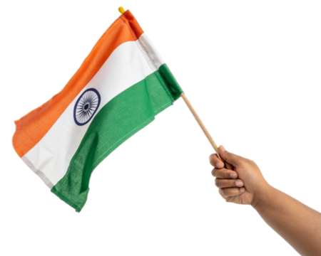 hand holding indian flag with vibrant colors and tricolor design
