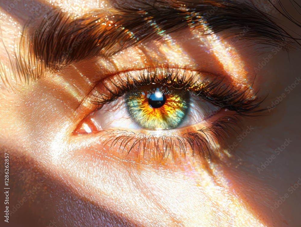 Poster Analyzing hyperpigmentation on forehead under diffused sunlight close-up portrait emphasizing skin contrast and uneven tones