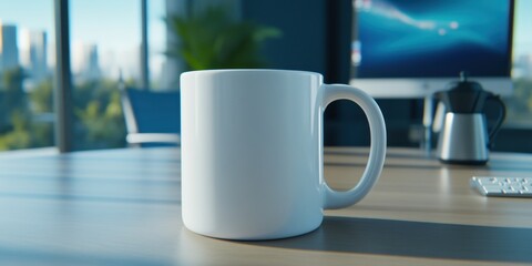 White coffee mug on a light wood desk, modern office setting with blurred city view background and electronic devices