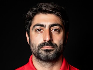 Obraz premium Serious looking bearded man in red collared shirt with deep set eyes and thick eyebrows against dark background conveying confidence leadership and authority in modern business branding