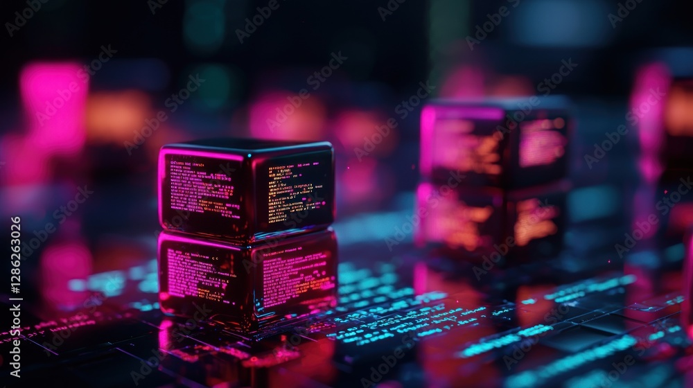 Canvas Prints futuristic digital cubes with neon glow on a circuit board, symbolizing advanced technology