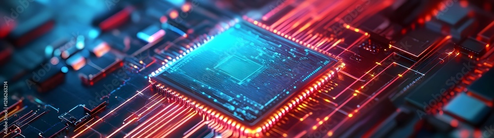 Poster Futuristic motherboard with illuminated microchip processor and intricate electronic circuits representing advanced technology innovation and digital data processing