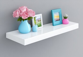 White floating shelf with pink roses in a light blue vase, framed photos, and small decorative items against a gray wall. Clean and minimalist