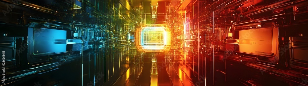 Poster Futuristic neon lit digital corridor with a captivating matrix of glowing data and code creating an immersive and captivating environment