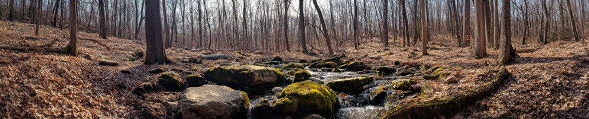 Serene forest stream flows through mosscovered rocks and fallen leaves in early spring sunlight.