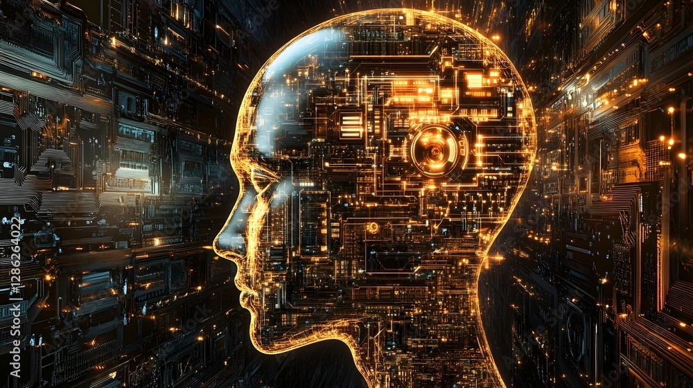 Poster Futuristic of a glowing cyborg or robot head with an intricate circuit board and technological elements representing intelligence innovation and the of technology with the human mind