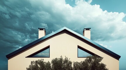 A roof adorned with brown bituminous tiles and shingles, alongside three chimneys, set against a blue sky and white clouds. Trees are present in the foreground. Dimensions are 16 by 9 for a web