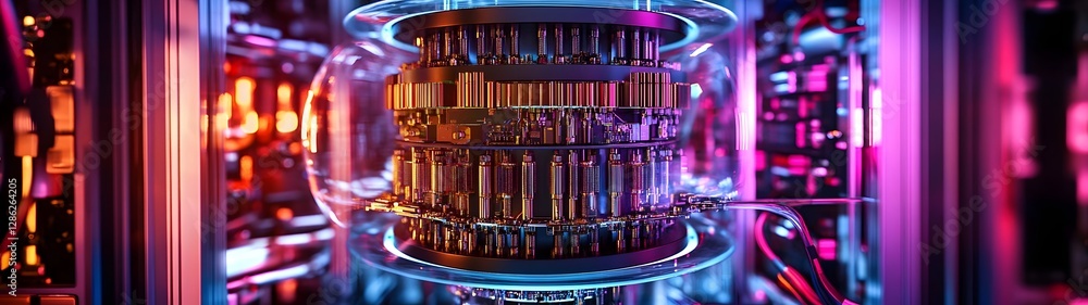 Leinwandbilder Futuristic quantum computer processor with glowing neon circuits intricate geometric patterns and reflective multicolored surfaces representing the cutting edge of technology innovation