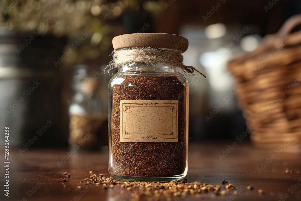 Poster a jar of spices with a label, placed on a studio table with soft lighting,