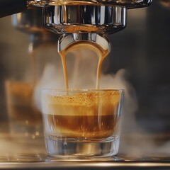 Espresso Shot Pouring into Glass Cup Under Machine Fixture for Beverage Preparation Moment