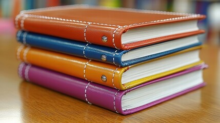 Neat stack of books placed on a warm wooden table in a cozy interior setting