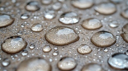 Glimmering water droplets resting silently on a smooth surface catching the light