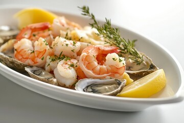 Closeup Of A Delicious Seafood Platter With Shrimp And Oysters With Lemon And Herbs. Fresh Seafood Platter For Appetizer Or Dinner. Gourmet Seafood Dish. Fine Dining Experience. High Quality Image