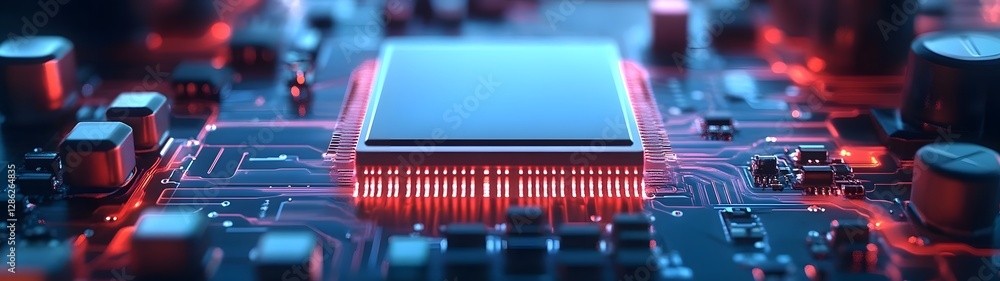 Poster Futuristic Red and Blue Circuit Board Electronic Microchip Technology Background  High tech engineering innovation digital computer processor chip energy data network system architecture
