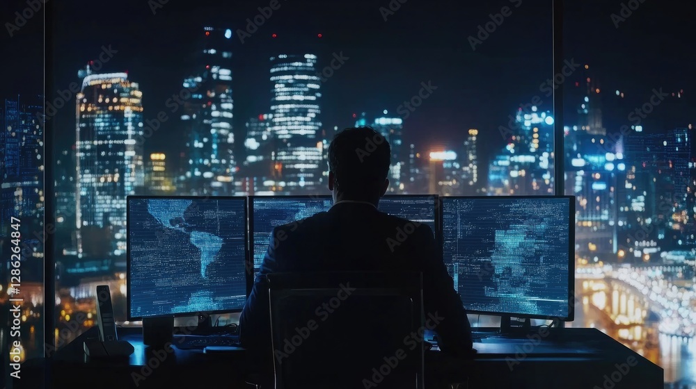 Aufkleber night city hacker, a lone programmer works late into the night, illuminated by the glow of his tripl