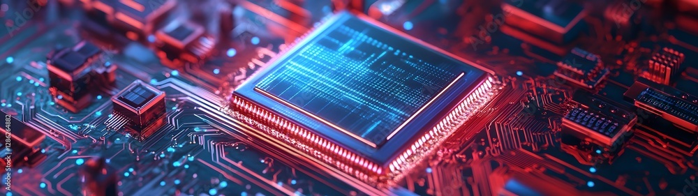 Poster Futuristic red and blue digital circuit board with microchips and electronic components representing the latest advancements in computer science engineering and intelligence technology