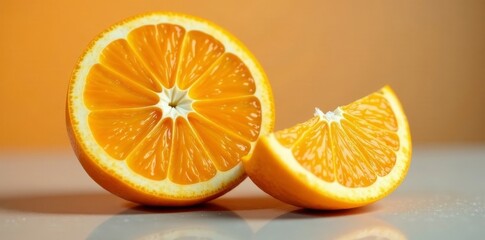 Fototapeta premium A vibrant half orange and a juicy segment rest on a smooth surface, bathed in warm, golden light, showcasing the fruit's radiant color and texture.