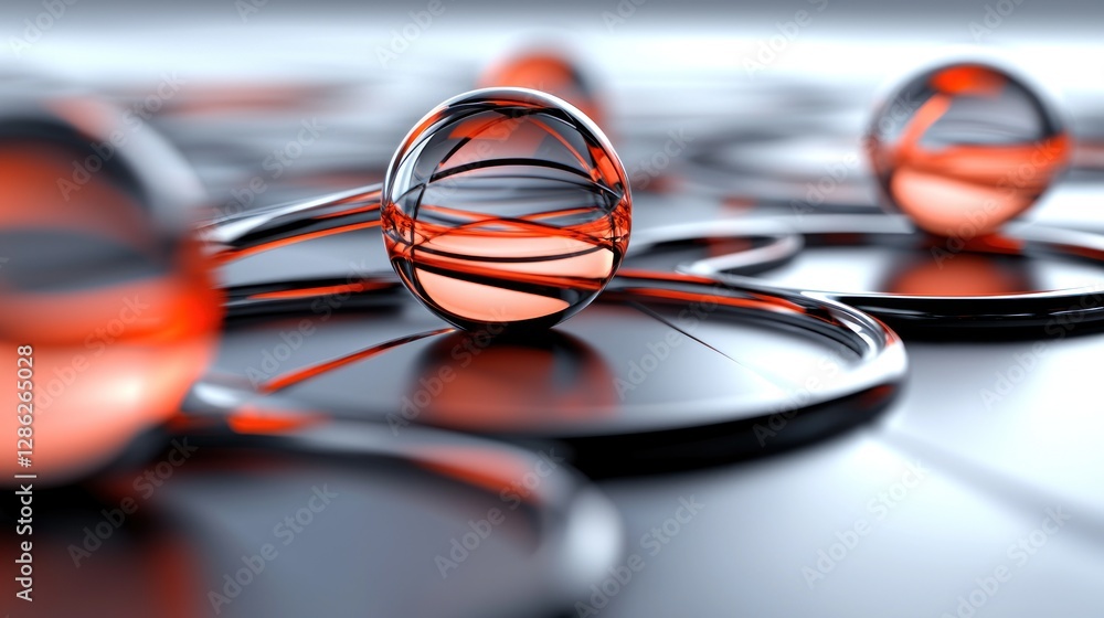 Canvas Prints abstract close-up of glass spheres with red accents on a reflective surface, creating depth